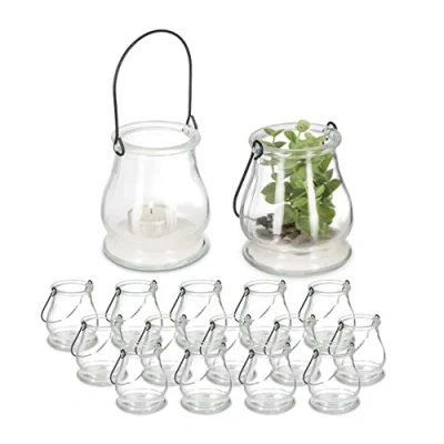 Imagen de Relaxdays Windlicht im 16er Portavelas, Set 16, Cristal, con Asa, Interior y Exterior, Porta Velas Té, 10 x 8,5 cm, Transparente/Negro