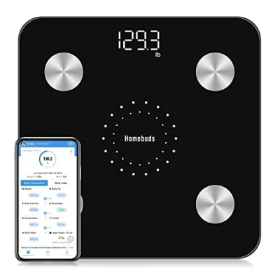 Imagen de Homebuds Bascula de Baño Digital Grasa Corporal, Balanza Bluetooth Inteligente Desde el 2001 con App, Electrónica Análisis Corporal 13 Medicióne Peso IMC Visceral e Muscular, Negro