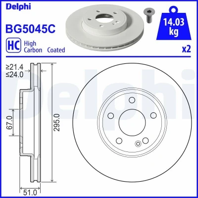Imagen de DELPHI BG5045C Disco de freno 295 24 5 ventilado revestido altamente carbonizado sin cojinete rueda, anillo sensor ABS MERCEDES BENZ: Clase A