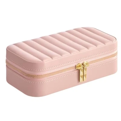 Imagen de SONGMICS HOME ANAH Colección Joyero de Viaje, Estuche Pequeño para Joyas con Espejo, 10,5 x 20,5 6 cm, Superficie PU Costuras, Portátil, Cremalleras, Idea Regalo, Rosa Jalea JBC180S01