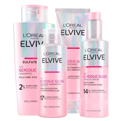 Imagen de L&#039;Oréal Paris Elvive Glycolic Gloss Acondicionador 150ml + Champú 200ml Suero Sin Enjuague Tratamiento de Laminación 5 Minutos para Cabello Opaco y Poroso 4 Botellas