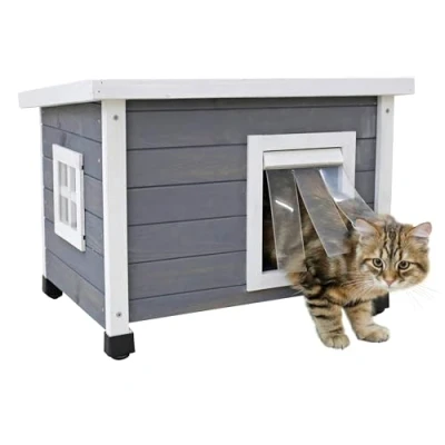 Imagen de Kerbl Rustica Casa de madera para gatos, puerta rejilla, ventana plexiglás, patas plástico regulables en altura, gris/blanco, 57 x 45 43 cm