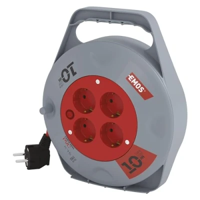 Imagen de EMOS P19510 Tambor para Cables (10 m, 4 enchufes, 2300 W, Interruptor térmico), 230 V, Gris/Rojo