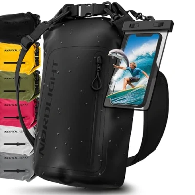 Imagen de Nordlight Bolsa Estanca Impermeable + Funda para Móvil, Cierre Enrollable, Correa Hombro Drybag Mochila Saco Estanco de Transporte Náutica Playa Sup Negro, 30 litros