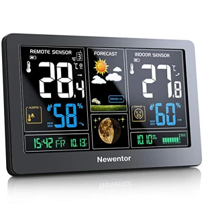 Imagen de Newentor Estación meteorológica con sensor externo, multifunción, termómetro, higrómetro (pantalla a color)