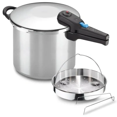 Imagen de ALZA Omega olla a presión súper rápida de 8 litros + cestillo, fabricada en acero inoxidable 18/10, para todo tipo cocinas, inducción, 5 sistemas seguridad, express