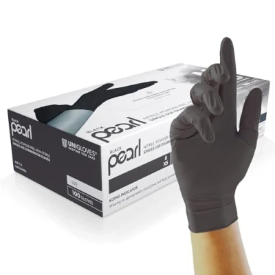 Imagen de Unigloves Black Pearl Guantes de examen nitrilo desechables multiuso, sin polvo y látex Caja 100 guantes, negros, extra pequeños (GP0031)