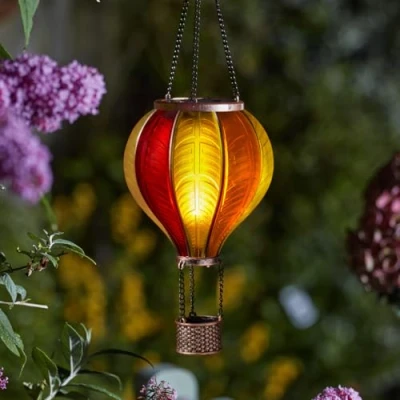 Imagen de Festive Lights Farol de globo aire caliente LED SMD para colgar en exteriores, luz jardín con efecto vidrio ámbar, 45 cm, asa