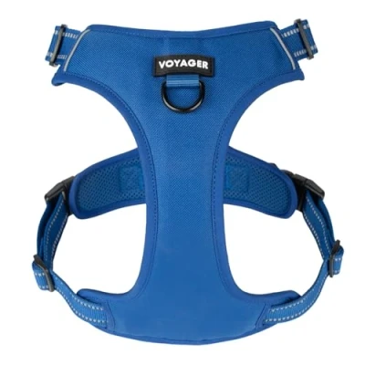 Imagen de Voyager arnés para Perro, Doble Correa, Control sin tirones, Ajustable, Suave Pero Fuerte, Mascotas Perros medianos y Grandes con tecnología Reflectante 3M, celosía Azul Rey, Talla M