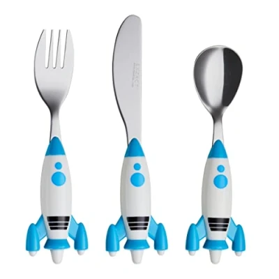 Imagen de EXZACT Juego de 3 cubiertos para niños acero inoxidable con mango nave espacial Toddle and 1 tenedor, cuchillo cena seguro, cuchara, en espacio y cohetes