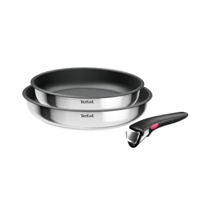 Imagen de Set de sartenes Tefal L8813S Ingenio, 2 unidades, 22/26 cm, Mango extraíble, Revestimiento titanio antiadherente, Indicador calor, Acero Inox