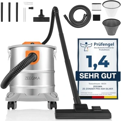 Imagen de Zeegma ZONDER Pro Ash Aspirador en seco y de Ceniza escombros, Industrial 1600W, contenedor Acero Inoxidable 20 L, Filtro HEPA, función soplado Cable 5 m