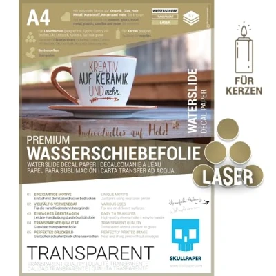 Imagen de SKULLPAPER® película para diapositivas de agua transparente, A4 cerámica, vidrio, madera, velas, metal, plástico, confección modelos impresoras láser (8 hojas)