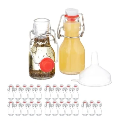 Imagen de Relaxdays Botellitas de Cristal, 50 ml, Mini Botellas para Rellenar Licor o Aceite, Tapa Mecánica, Transparente, Acero Inoxidable, Pack 25