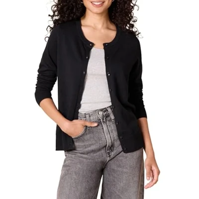 Imagen de Amazon Essentials Jersey Cárdigan de Cuello a La Caja Ligero (Disponible en Tallas Grandes) Mujer, Negro, S