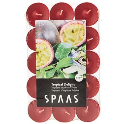 Imagen de Spaas 0338213.006 30 Velas de Calor perfumadas, ± 4,5 Horas Tropical Delight, Cera parafina, Aluminio Taza, Rojo Vivo, D 39 mm x H 16