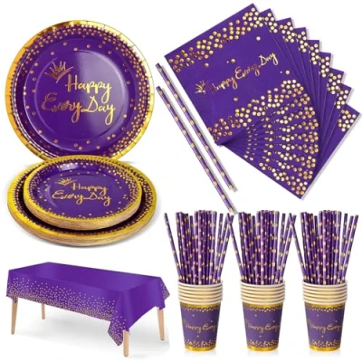 Imagen de Nkaiso Vajilla de Fiesta,126 Piezas Violeta Set Juego Platos y Cubiertos, cubertería cartón, Vasos servilletas,para cumpleaños,Aniversarios (25 Invitados)