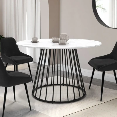 Imagen de IDMarket Yuna Mesa de comedor redonda para 4 6 personas, bandeja efecto mármol blanco Alaska y pie con cable metal, color negro