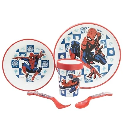 Imagen de Vajilla infantil reutilizable antideslizante con base de silicona bicolor compuesto plato, cuenco, vaso y cubiertos en caja Spider man