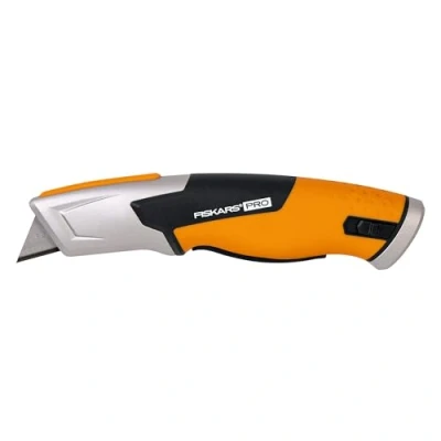 Imagen de Fiskars Pro Cúter de seguridad con hoja retráctil, Longitud 17,7 cm, Acero inoxidable/plástico, Negro/naranja, CarbonMax, 1062938