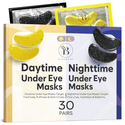 Imagen de Parches Ojos Bolsas y Ojeras (30 Pares, Día Noche), Eye Patches Con Cafeína, Colágeno Ácido Hialurónico, Bolsas, Mascarilla para Hidratación, Hydrogel Mask