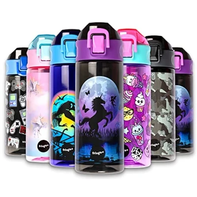 Imagen de Fringoo Unicornio Luna Botellas de Agua Libres BPA Botella con Pajita Rosa Reusable 600 ml / 20 Oz