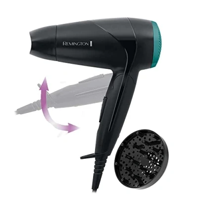 Imagen de Remington Secador de Pelo Pequeño Compacto, Viaje, Plegable, óptimo Gimnasio, Concentrador, Difusor Caudal 60km/h, 3 Temperaturas, 2 Velocidades, Gancho Para Colgar D1500