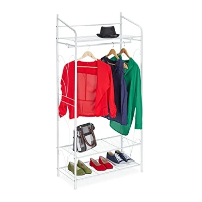 Imagen de Relaxdays Perchero Burro Metálico Adornos, Colgador Ropa Retro, 161x78x36 cm, 3 Baldas y Barra Perchas, Color Blanco, Hierro, 161 x 78 36 cm