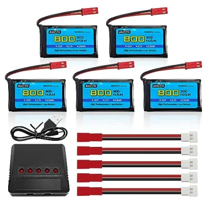 Imagen de AMZZN 5 Unidades 3,7V 800mAh 30C JST Plug Lipo batería con Cargador en 1 para SYMA X56W MJX X400W X300C X800 HS110 HS200 S670 V950hd S1750 V2450 Quadcopter teledirigido