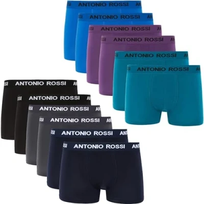 Imagen de ANTONIO ROSSI paquete de 12 boxers ajustados para hombre Calzoncillos tipo bóxer con cintura elástica Bóxers suaves y transpirables uso diario, Negro, Azul, Gris, Verde, M