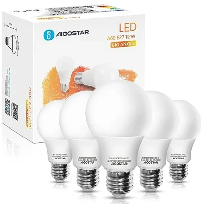 Imagen de Aigostar Bombilla LED E27 12W, Luz calida 3000K, 1170 Lúmenes, Ángulo 280,No regulable,Bombillas A60, Ahorro de energía, No regulable, 10 Unidades