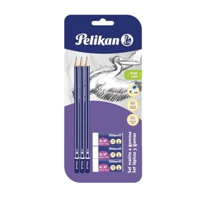 Imagen de Pelikan 24005807 Kit 3 lápices de grafito HB y borrador AL30, conjunto escolar, cuerpo pintado en madera certificado FSC con sección hexagonal resistente a las roturas