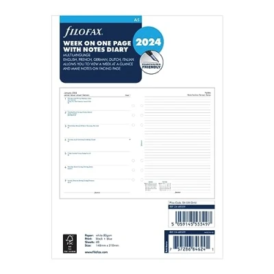Imagen de Filofax Agenda 2024 de tamaño A5, semana en una página con notas, color blanco