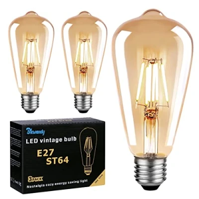 Imagen de Blewandy Bombilla Vintage E27 LED, Filamento LED ST64 6W Equivalente a 60W, 600LM 2700K Retro Edison Bombillas Decorativas Lámpara Ambar Cálida, No Regulable Pack de 3