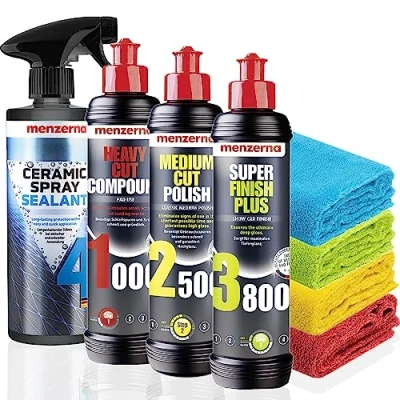 Imagen de Menzerna Juego de pulido para coches: Heavy Cut Compound 1000 + Medium Polish 2500 Super Finish Plus 3800, 250 ml Protección Ceramic Spray Sealant Protection 0,5 L 4 x paño