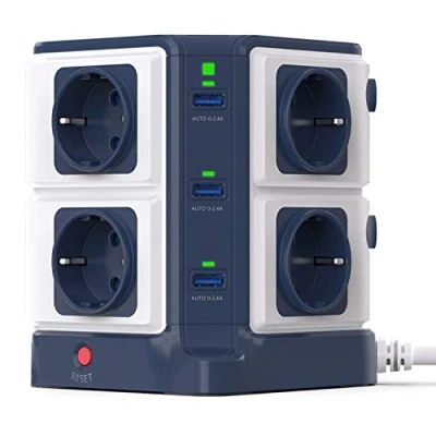 Imagen de BESTEK Regleta Vertical 1500J, 8 Tomas y 6 Puertos USB Individuales, Protección contra Sobretensiones 1500J Rayos 3600W Azul