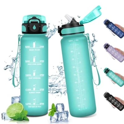 Imagen de Botella Agua Fitness 1L, de con Pajita, Marca Tiempo, Reutilizable, Deportiva Prueba Fugas, Cantimplora para Adulto, Gimnasio, Cámping, Gym