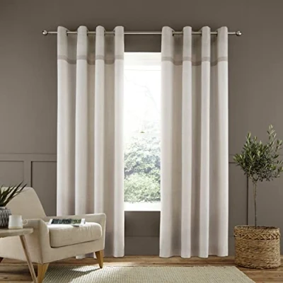 Imagen de Catherine Lansfield Melville Cortinas de algodón con Textura Tejida 167 x 228 cm, Ojales, sin Forro, Dos Paneles, Color Natural
