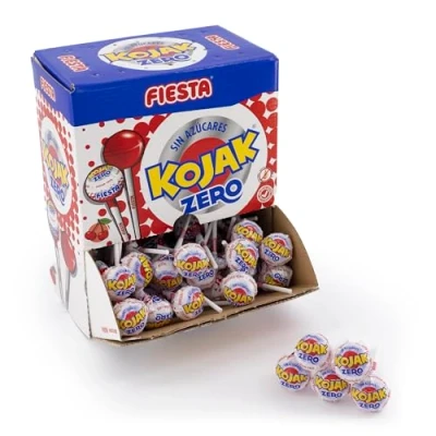 Imagen de FIESTA Kojak Sin Azúcar Caramelo con Palo Sabor Cereza Caja de 70 unidades