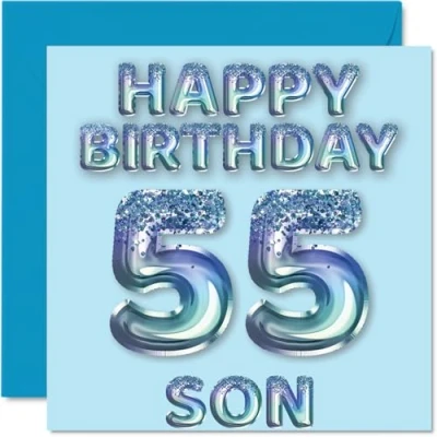 Imagen de Tarjeta de cumpleaños número 55 para hijo, globos fiesta con purpurina azul, tarjetas feliz hijo años parte mamá, papá, padres, felicitación