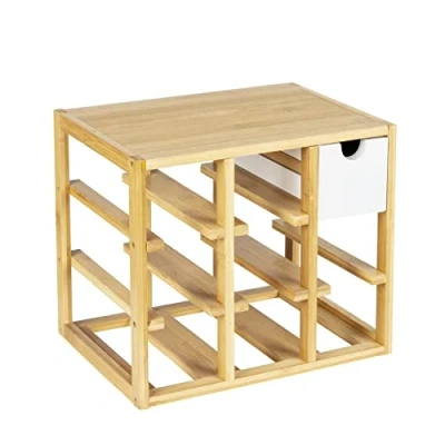 Imagen de WENKO botellero Finja, de calidad para hasta 8 botellas, con cajón integrado sacacorchos, vertedor y servilletas, bambú natural/MDF, 33,5 x 29 24 cm, natural/blanco