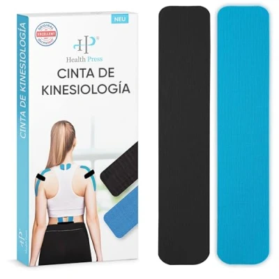 Imagen de Health Press Kinesiotapes 50 Tiras de Cinta Kinesiológica Precortada Azul+Negro (25cm x 5cm) Profesional Fisioterapia y Deportiva Cintas amigables con la piel DERMATEST: MUY BUENO