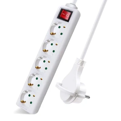 Imagen de EXTRASTAR Regleta Alargador con 5 Enchufes e Interruptor, Cable 1.5M Clavija Plana, para el hogar, Oficina y Viajes, 16A, 250V, 3680W, Blanco