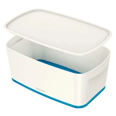 Imagen de Leitz MyBox Pequeña con tapa, Caja de almacenaje para casa o la oficina, 5 litros, A5, Blanco/Azul metalizado, Plástico brillante, 52291036