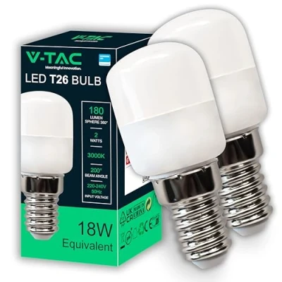 Imagen de V TAC 2x Bombilla LED para Nevera y Lámparas E14 2W 180 Lumen Pequeñas Bombillas T26 Máxima Eficiencia Ahorro Energético Blanco Cálido 3000K