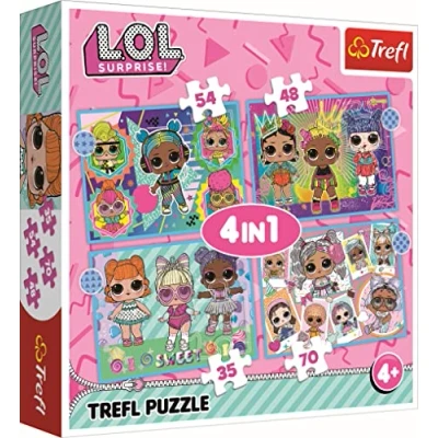 Imagen de Trefl 4en1, 35 a 70 Piezas Pequeños Fans de Las Muñecas L.O.L, Grado Dificultad, para Niños Partir 4 años Puzzle, Color Surprise, Conoce (34613)
