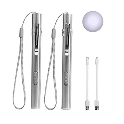 Imagen de LEAGY 2 Paquetes Bolígrafo de Luz, luz médica, pluma enfermera, linterna LED recargable por USB, acero inoxidable con clip bolsillo y cordón para cuidado personal, iluminación