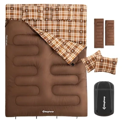 Imagen de KingCamp Saco de Dormir Doble Franela con 2 Almohadas Invierno para 4 Estaciones Comodo y Calido Bolsa Tansporte Adultos Camping Exterior Interior Viajes