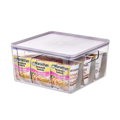 Imagen de iDesign caja organizadora de plástico reciclado con asas, bandeja la colección exclusiva Rosanna Pansino, almacenaje tapa, lila y transparente