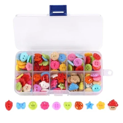 Imagen de Nordstern Botones para manualidades, 235 unidades, accesorios de costura en 10 formas, con caja almacenamiento, colores y formas coloridas proyectos bricolaje